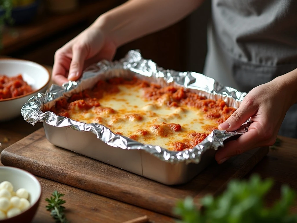 Covered lasagna ready to bake with sauce and cheese layers protected by foil
