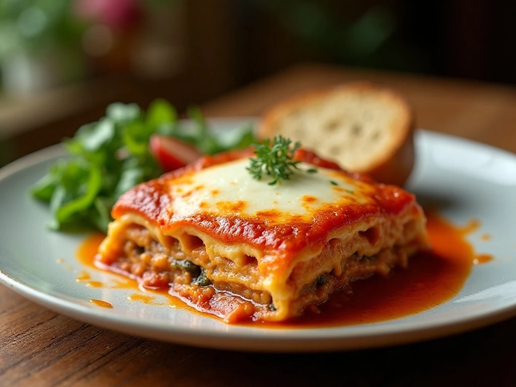Simple lasagna served with salad and rustic bread