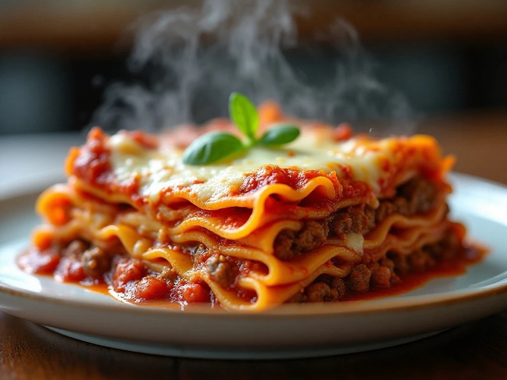 Reheated lasagna portion showing tender layers and melted cheese