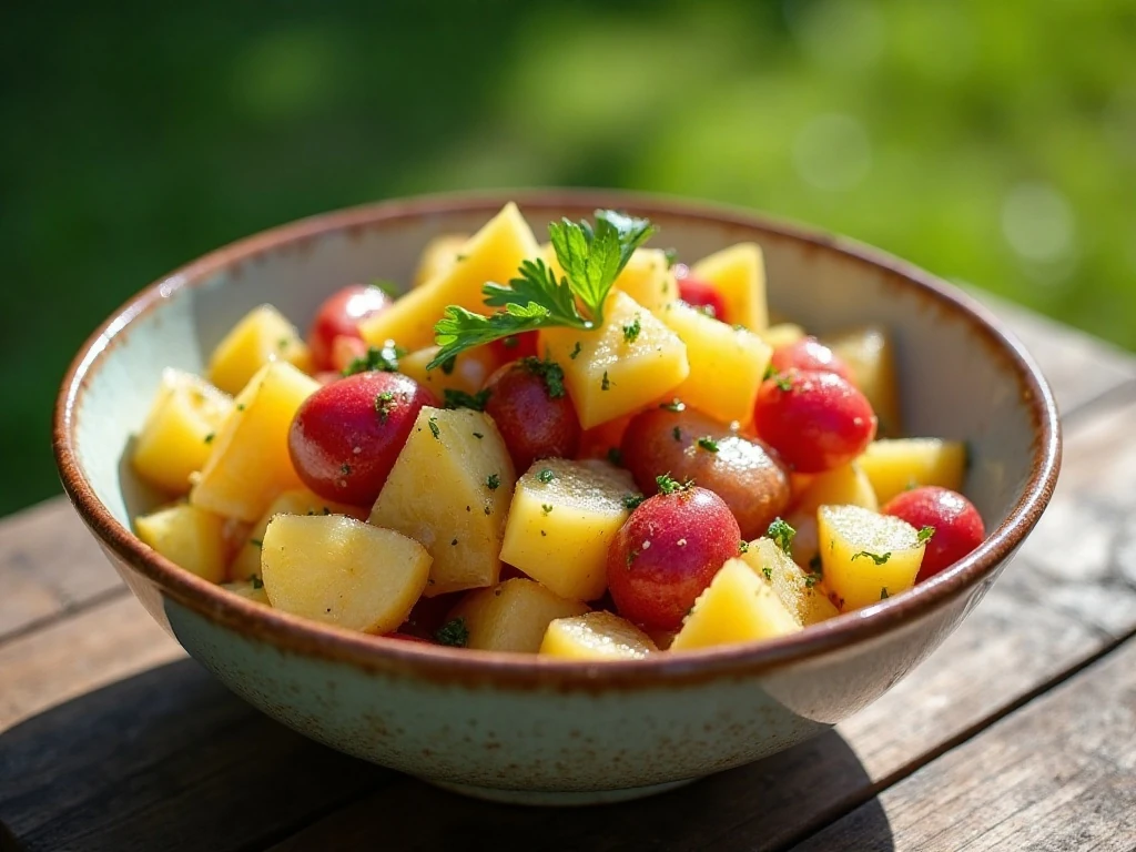Fresh oil and vinegar potato salad served in a rustic bowl