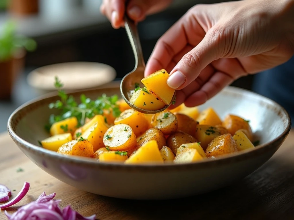 Warm potatoes being tossed with oil and vinegar dressing