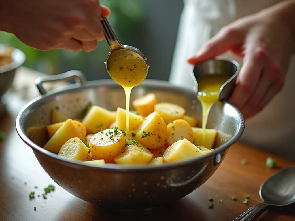 Tender potatoes steam-drying before being dressed