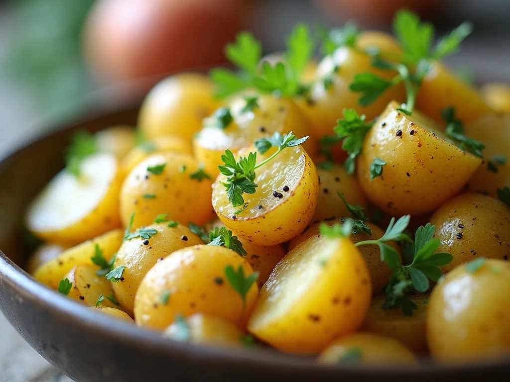 Potato salad topped with fresh herbs and red onion