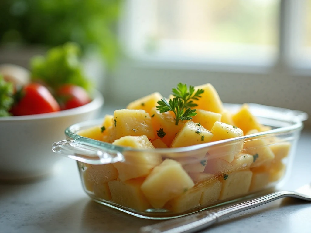 Make-ahead oil and vinegar potato salad stored for serving