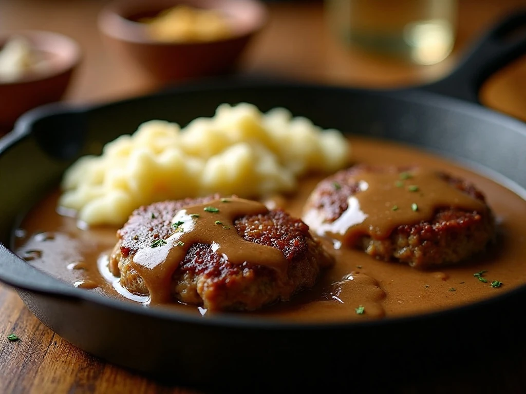 Salisbury steak patties with rich onion-mushroom gravy and mashed potatoes