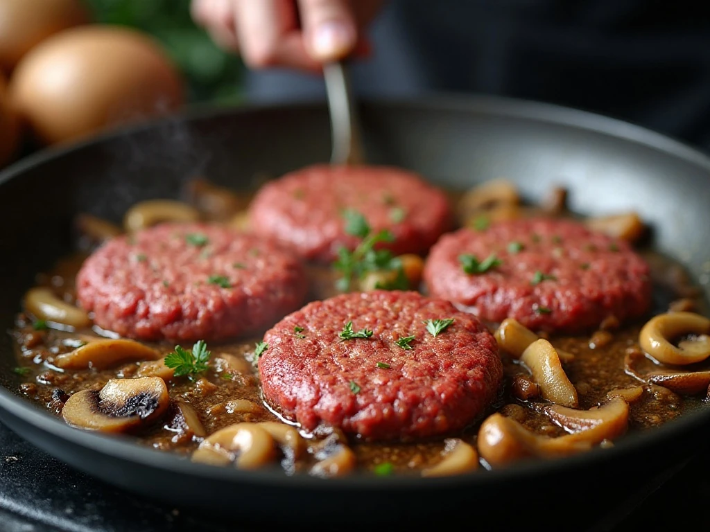 Salisbury steak patties browning in a skillet before simmering in gravy