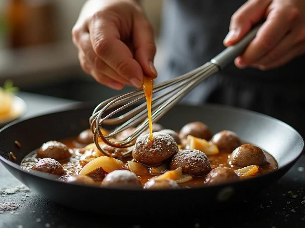 Whisking beef broth into onions and mushrooms to make smooth gravy