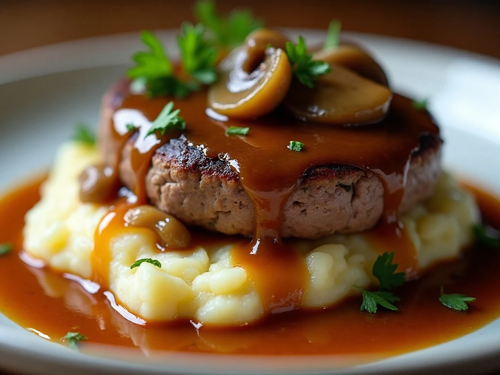 Close-up Salisbury steak with mushrooms, onions, gravy, and parsley