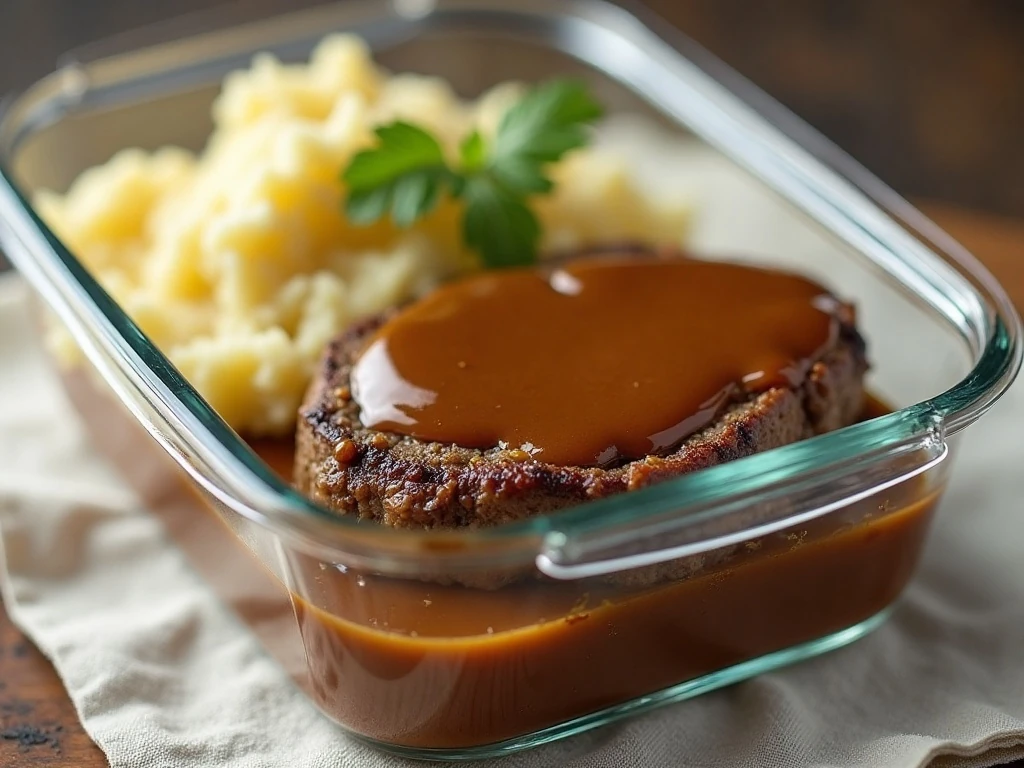 Salisbury steak and gravy portioned for storage and reheating