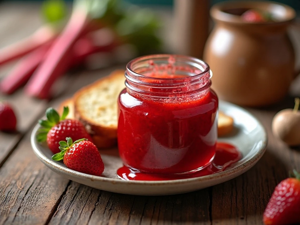 Homemade strawberry rhubarb jam served with toast and fresh fruit