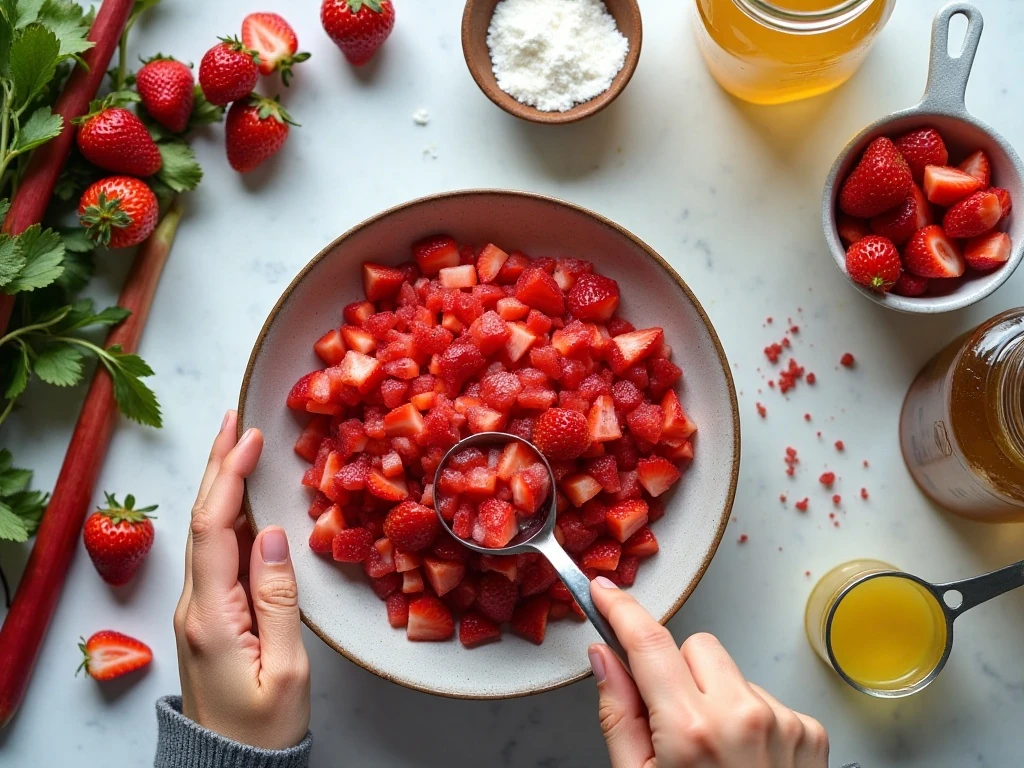 Ingredients for simple homemade strawberry rhubarb jam