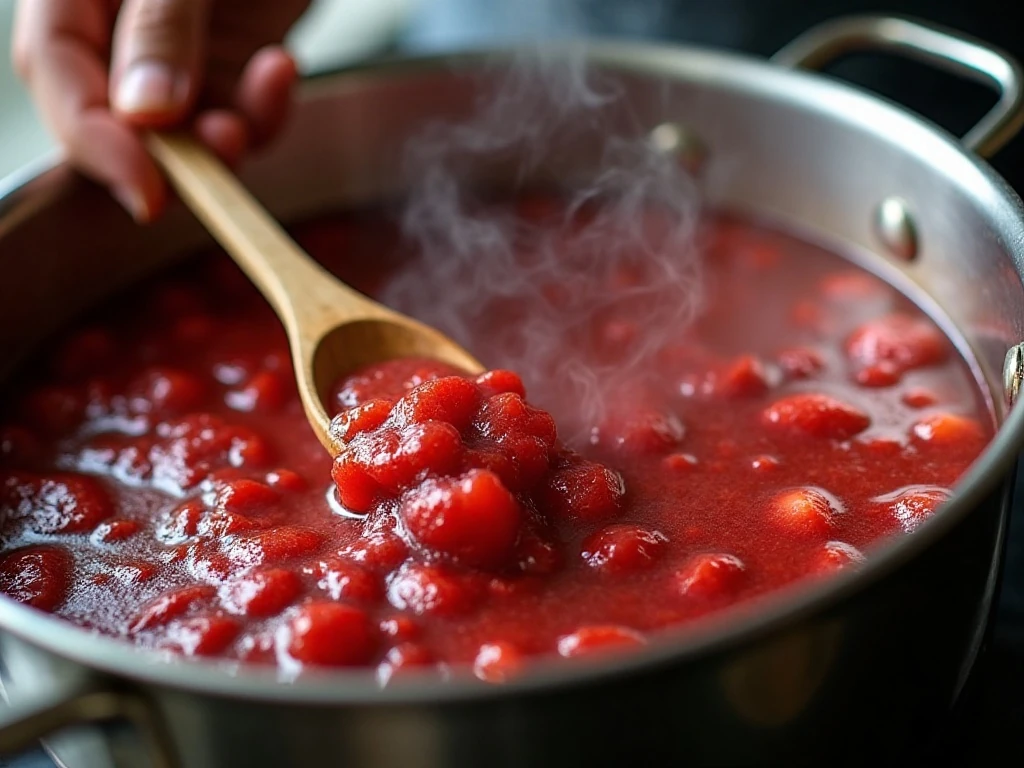Strawberry rhubarb jam cooking in a large pot