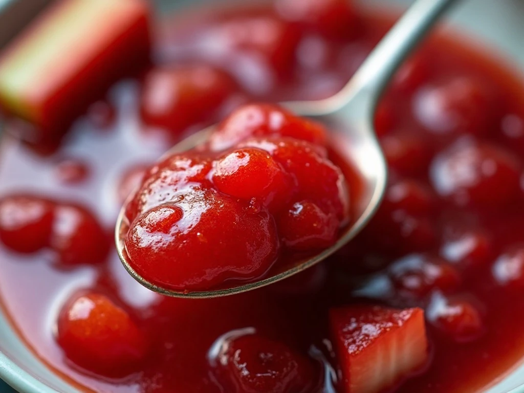 Close-up of the fruit texture in strawberry rhubarb jam