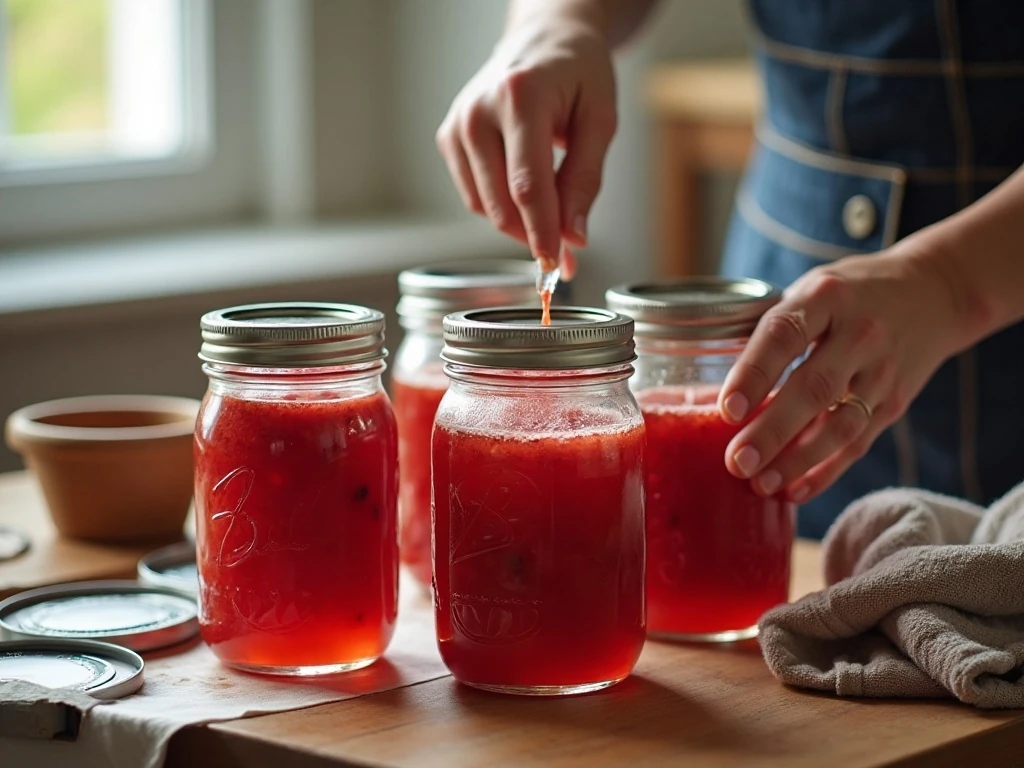 Half-pint jars prepared for strawberry rhubarb jam storage