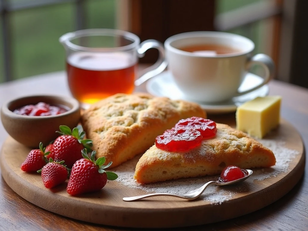 Strawberry rhubarb jam served with scones and toast