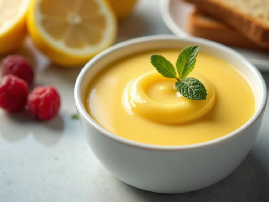 Glossy homemade lemon curd served with toast and fresh lemons