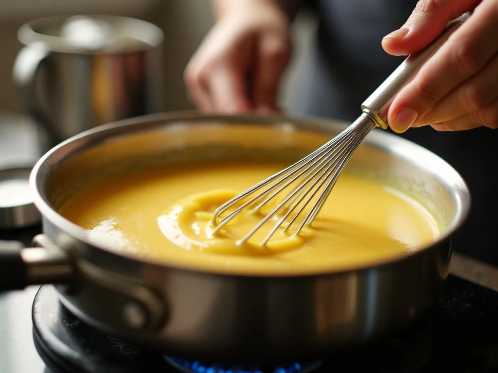 Whisking lemon curd gently in a saucepan