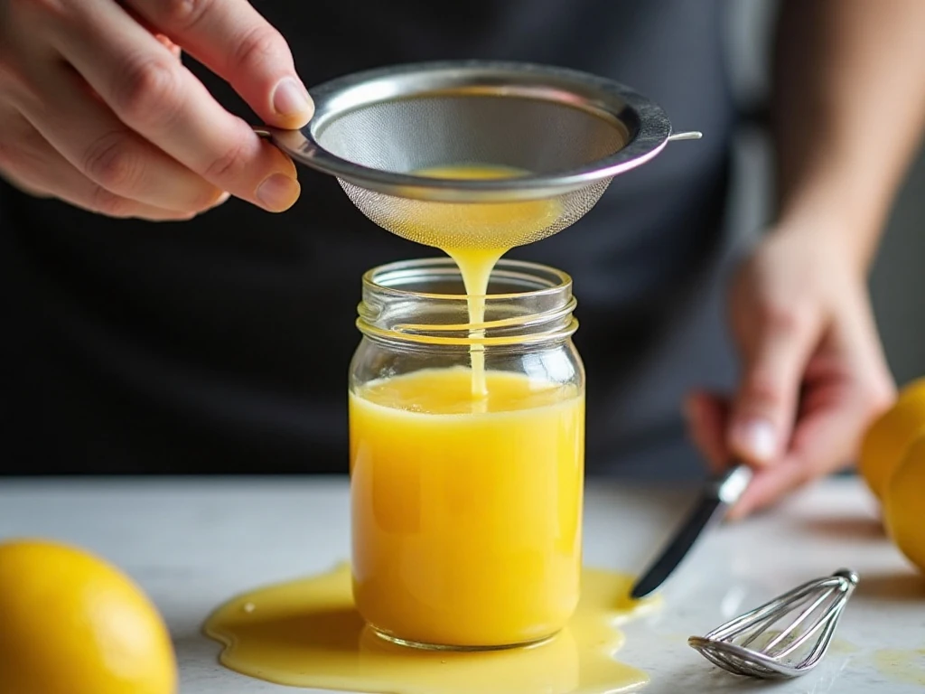 Straining lemon curd for a smooth silky texture