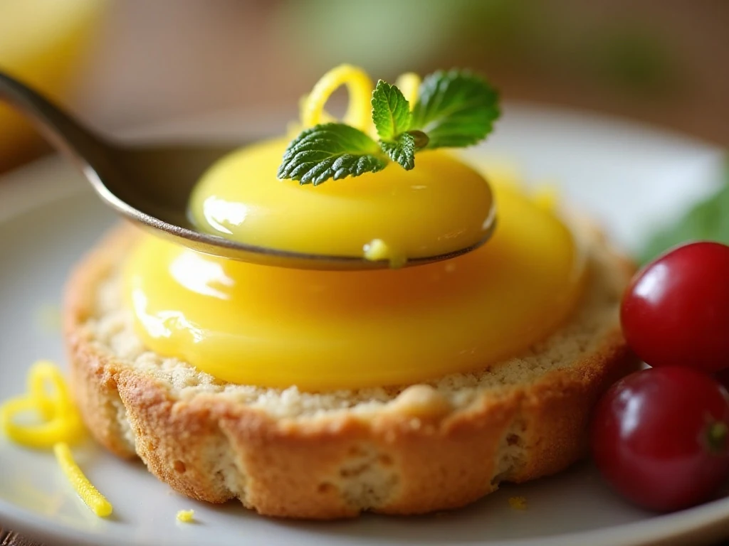 Lemon curd spread over a buttery scone with lemon zest