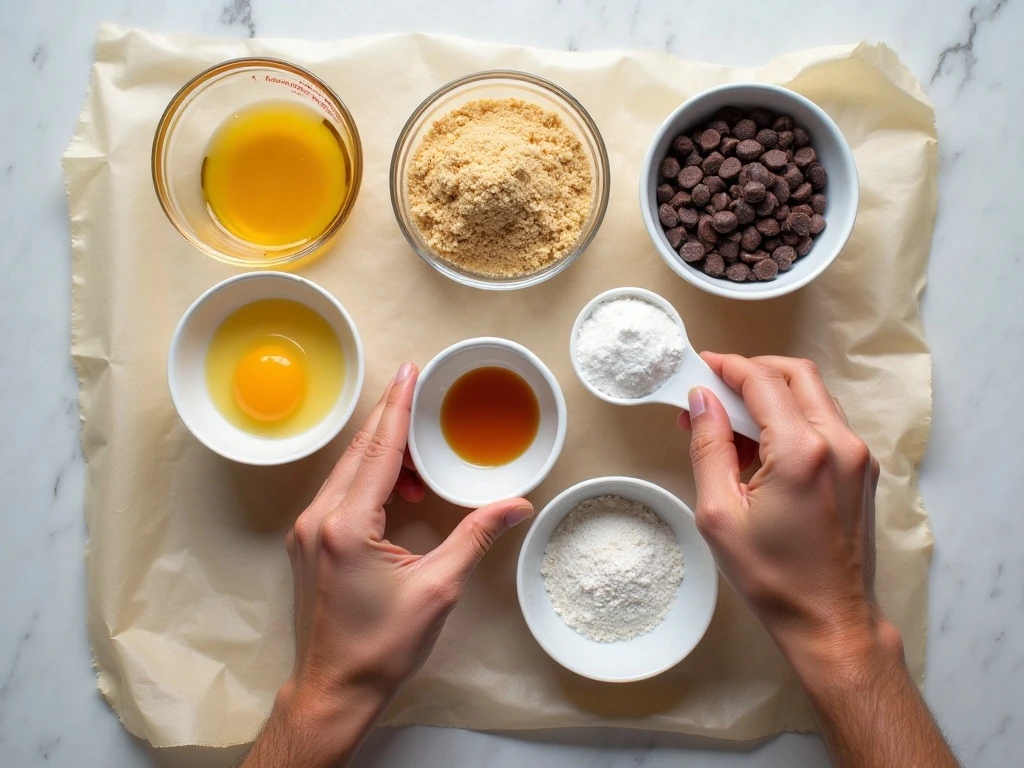 Measured ingredients for a single serving chocolate chip cookie