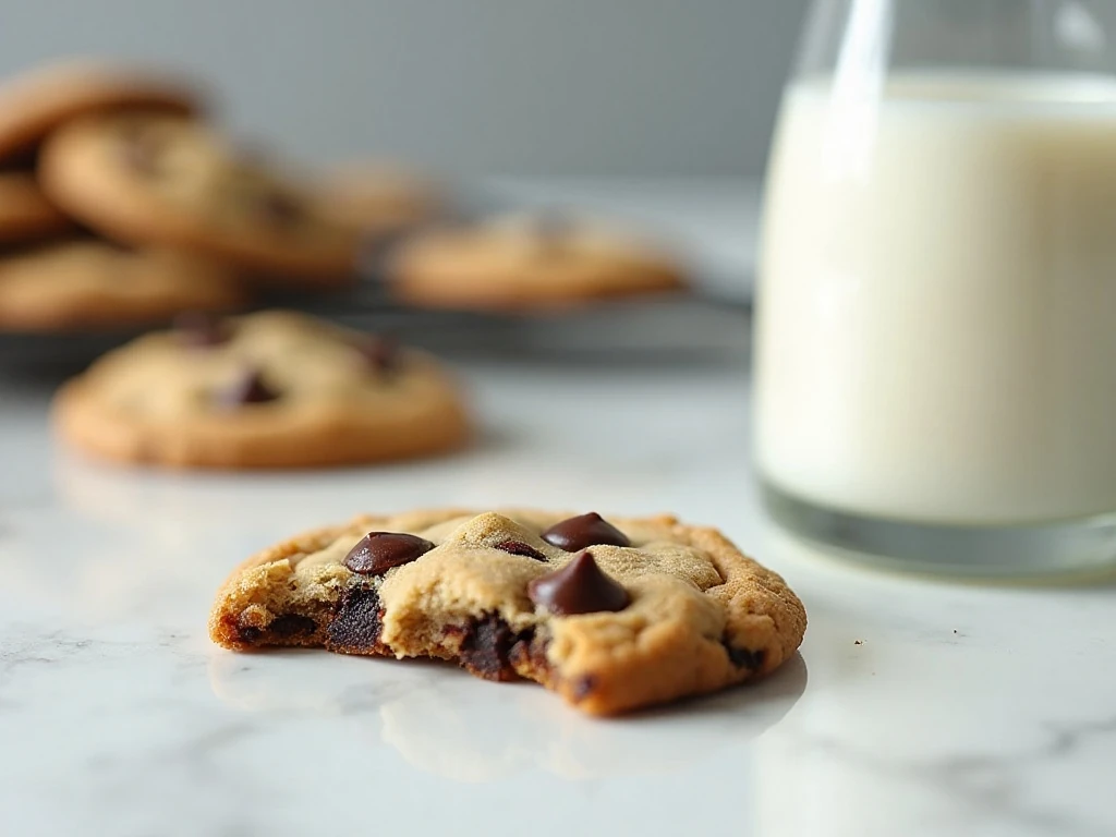 Single chocolate chip cookie with milk and storage container