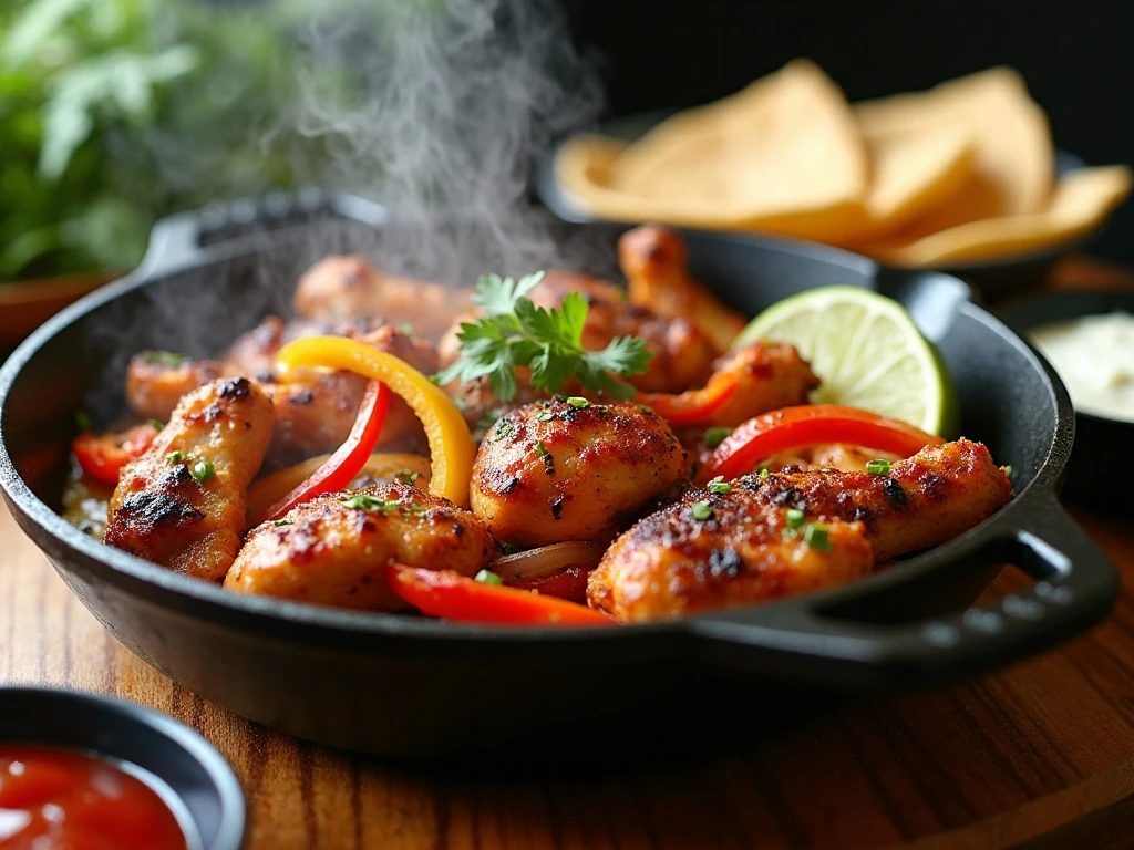 Sizzling chicken fajitas with peppers, onions, tortillas, and toppings