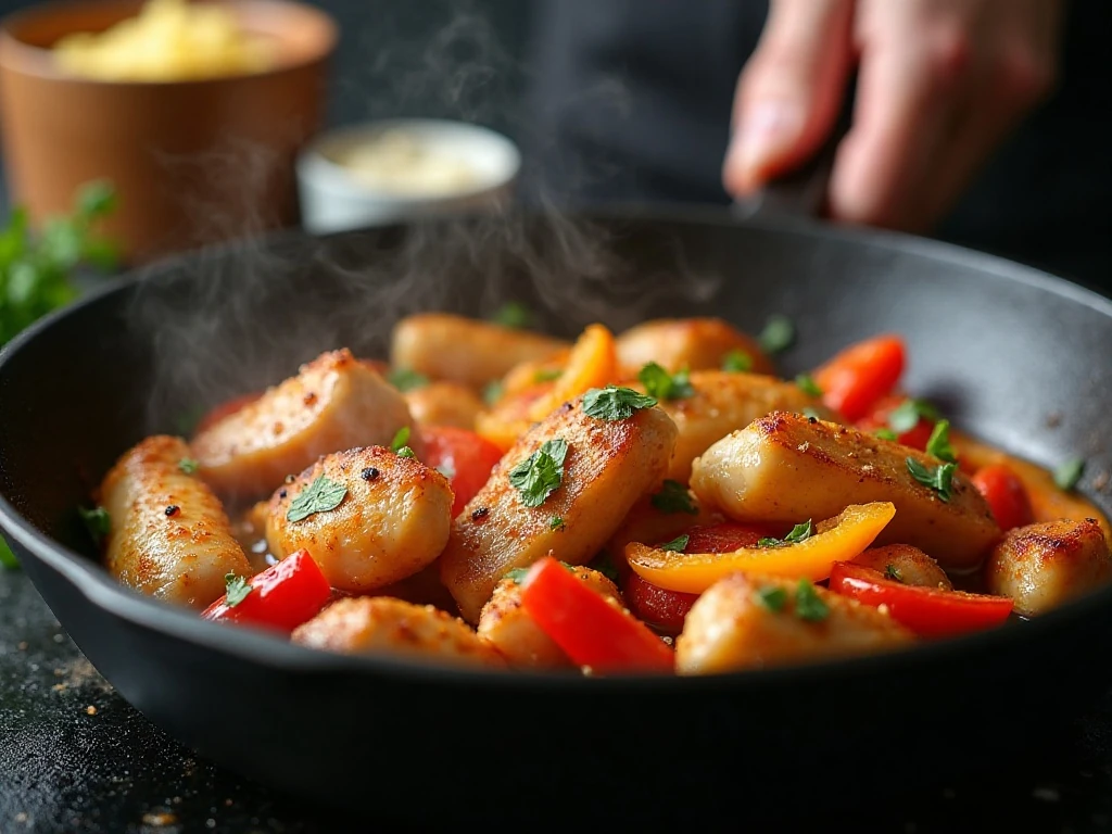Chicken and vegetables searing in a hot skillet for fajitas