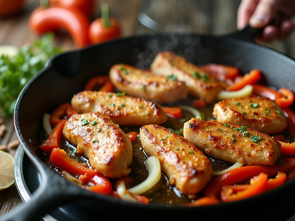 Chicken strips searing with peppers and onions in a cast-iron pan