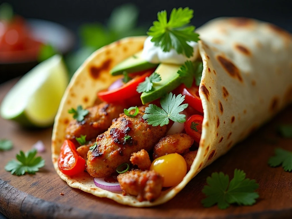 Chicken fajita tortilla with lime, cilantro, avocado, and salsa