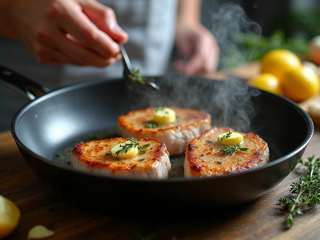 Pork chops searing with garlic, butter, and thyme in a skillet