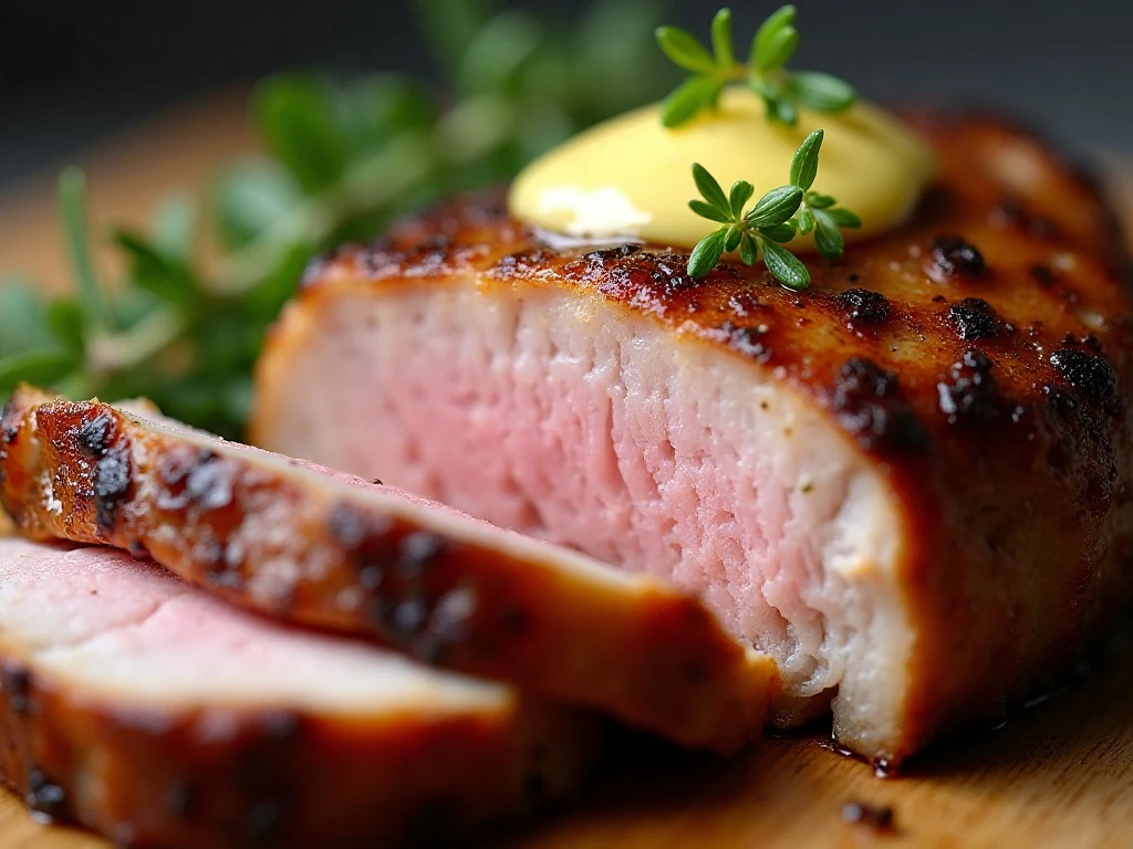 Close-up of tender pork chop with garlic herb pan juices