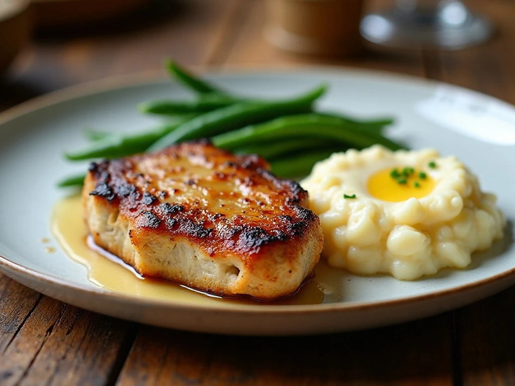 Skillet pork chop dinner with mashed potatoes and green beans