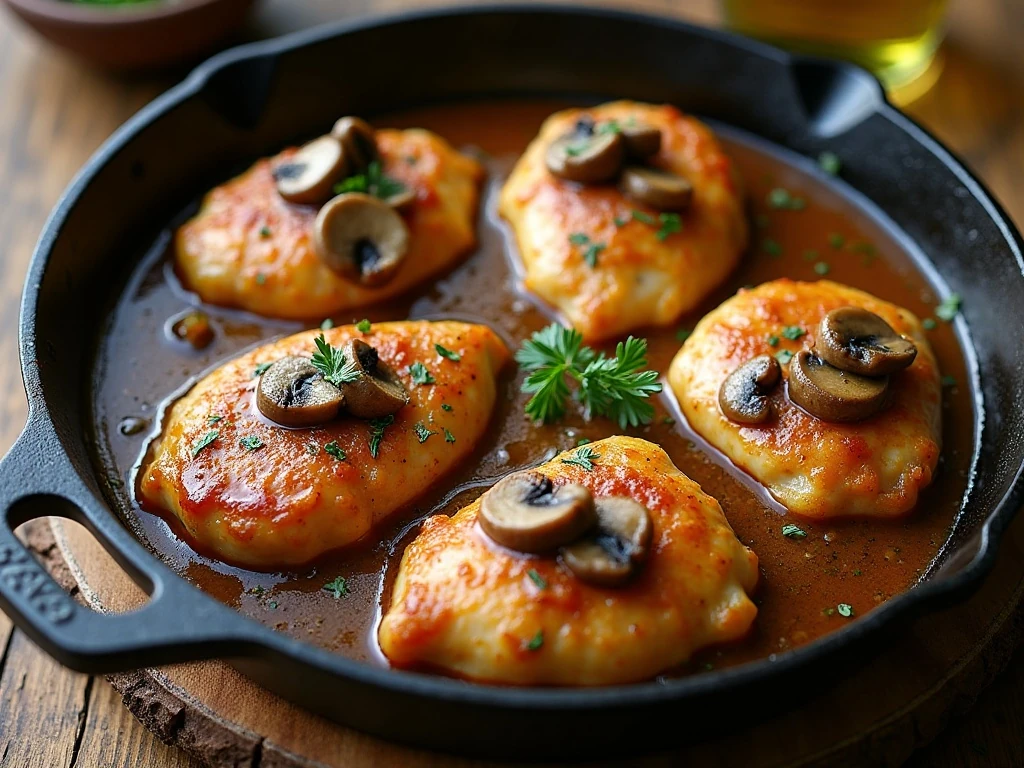 Skillet chicken with mushrooms in a glossy white wine sauce