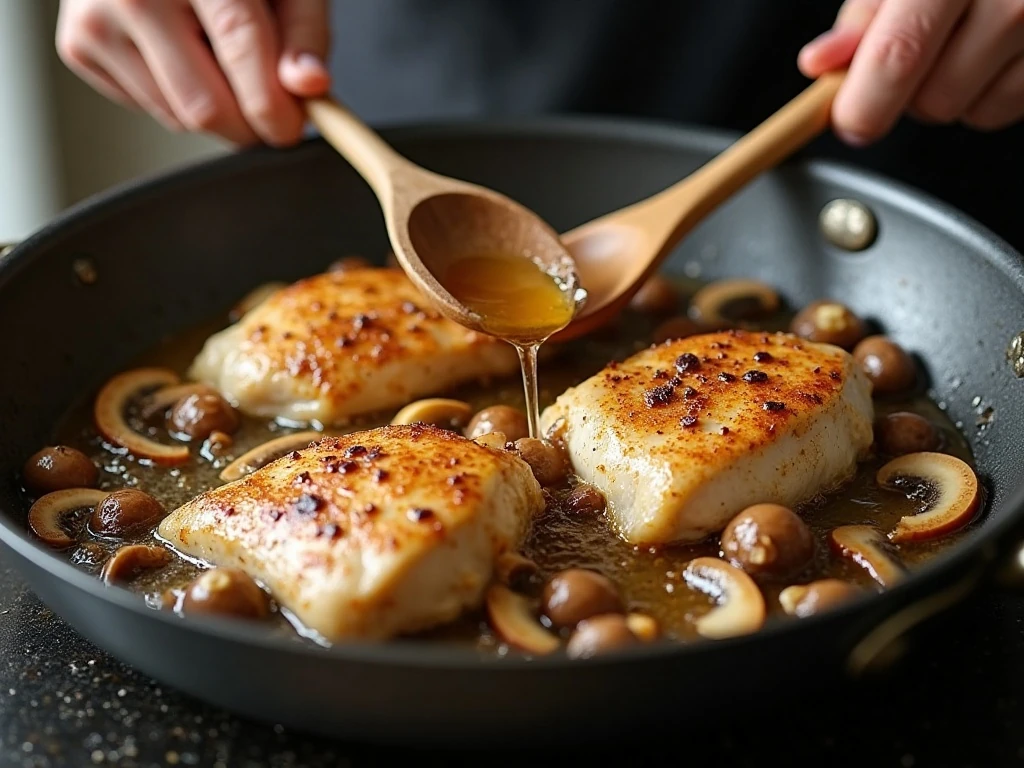 Chicken and mushrooms browning in a skillet for wine sauce