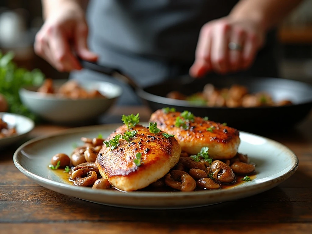 Browning chicken and mushrooms for the best skillet dinner