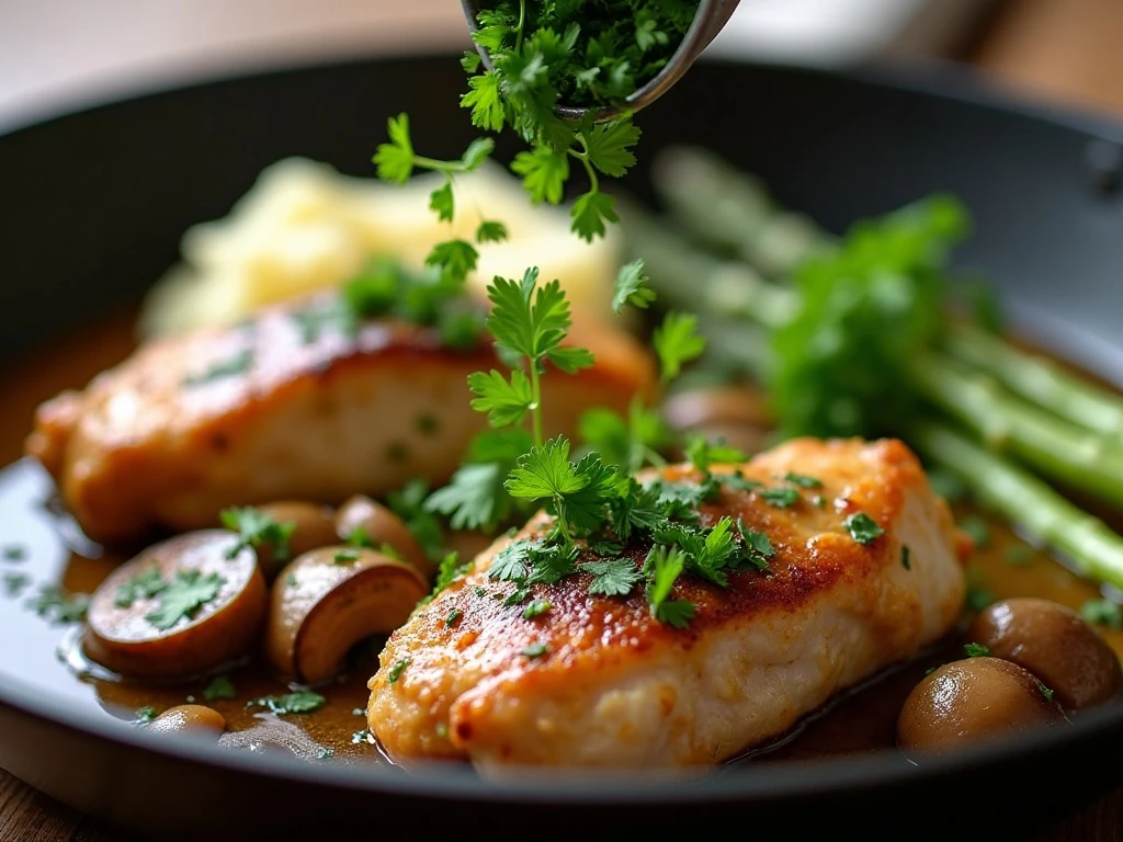 Fresh parsley garnishing skillet chicken with mushroom sauce