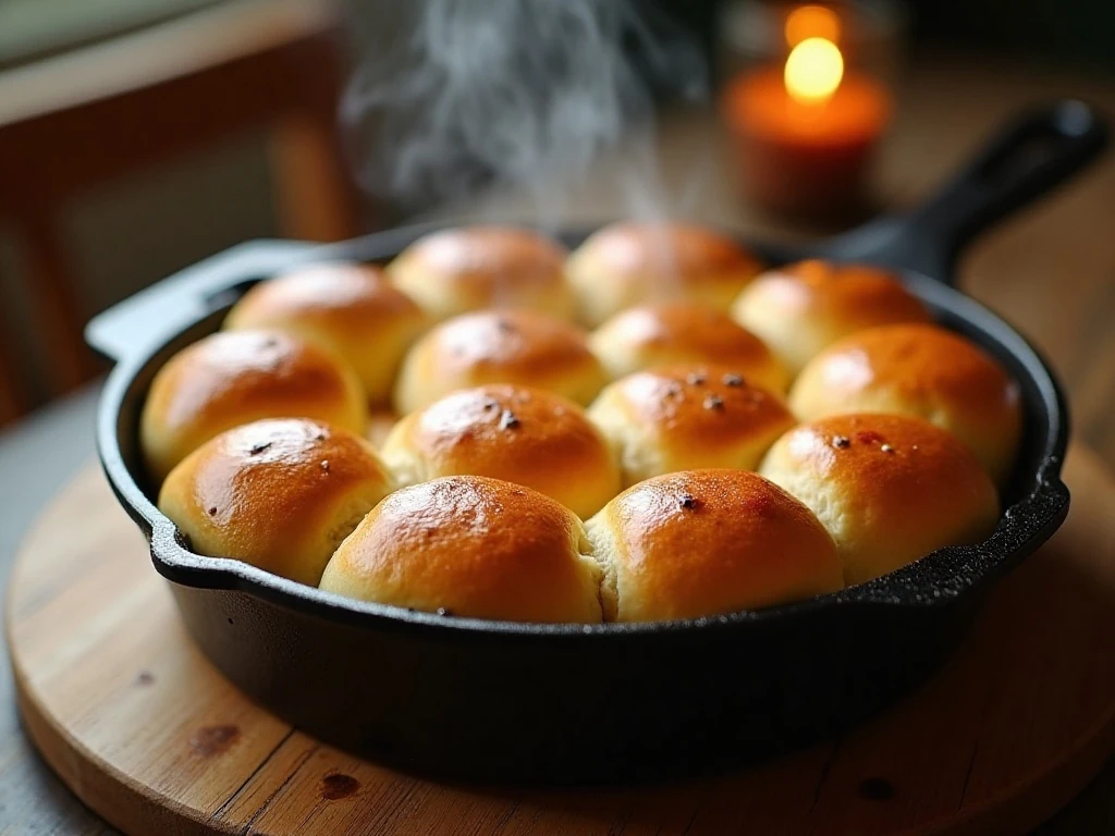 Soft homemade skillet dinner rolls served warm in a cast-iron pan