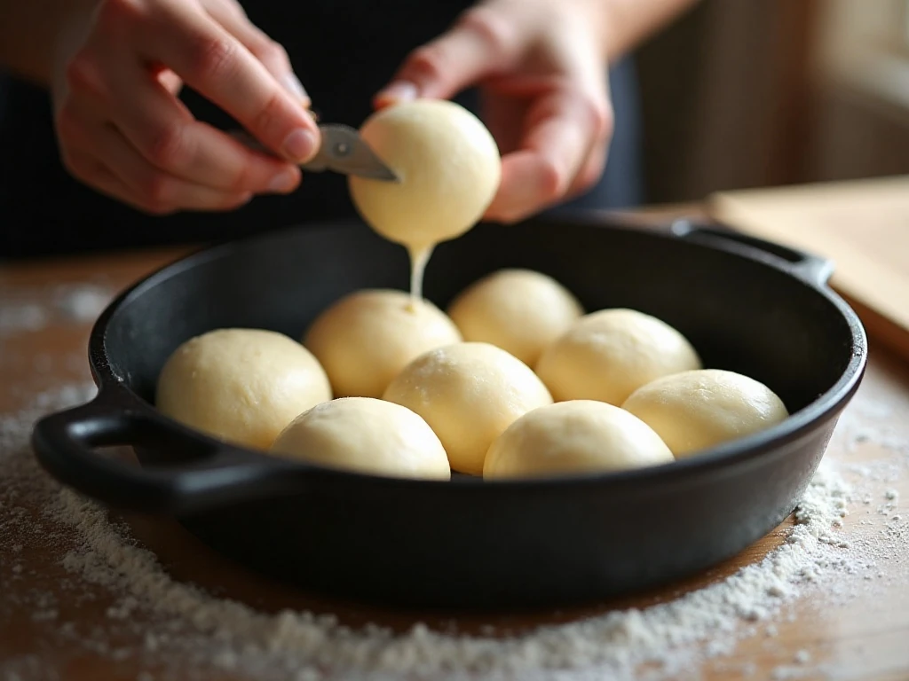 Shaped dinner roll dough arranged in a cast-iron skillet