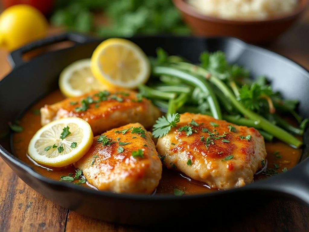 Golden skillet lemon chicken with lemon garlic sauce and parsley