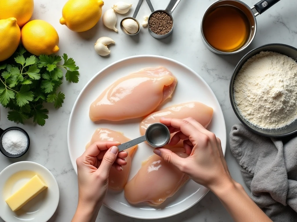 Ingredients for skillet lemon chicken arranged for cooking