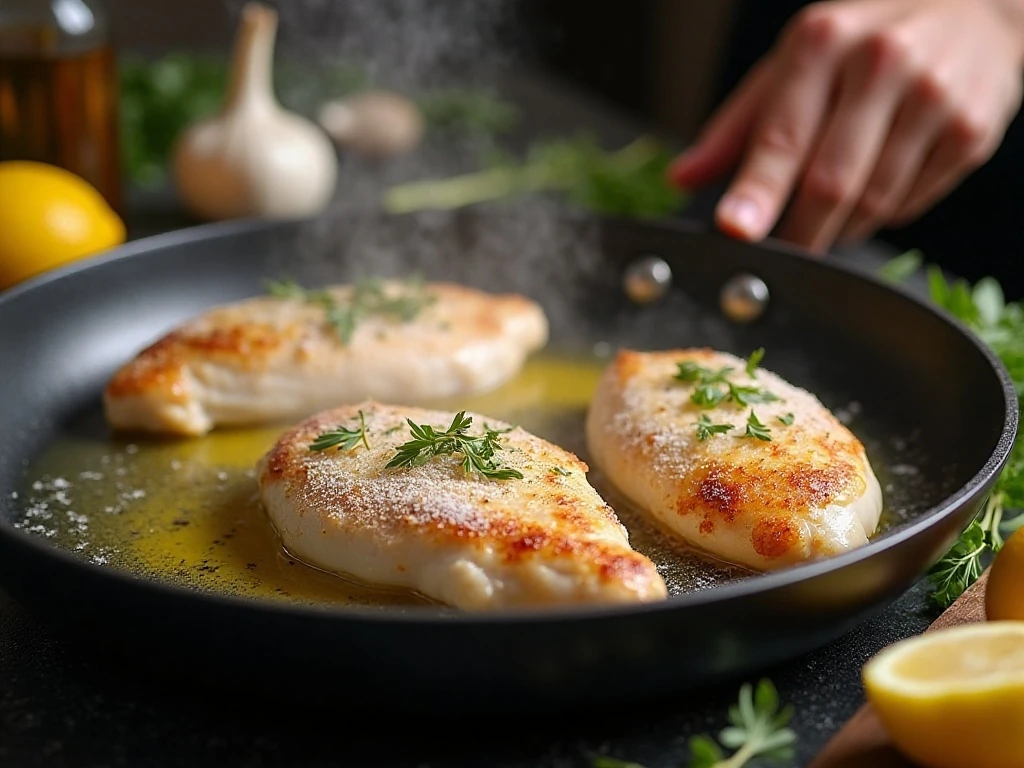 Chicken breasts searing in a skillet for lemon chicken