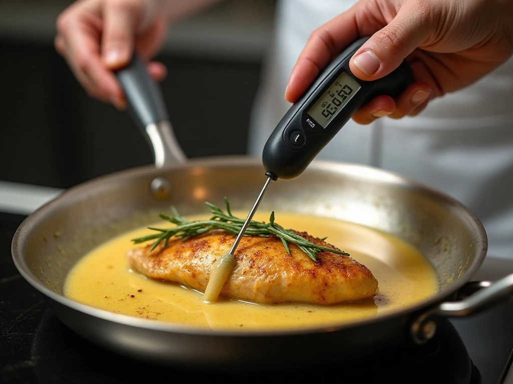 Checking skillet chicken for a juicy 165 degree finish