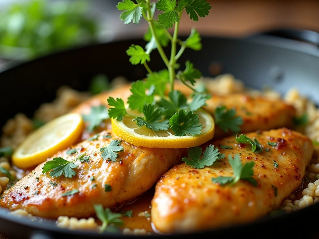Parsley and lemon slices garnishing skillet lemon chicken