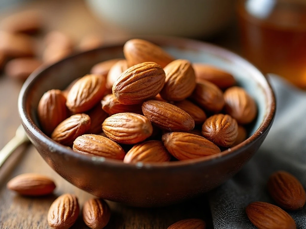 Bowl of glossy skillet roasted honey cinnamon almonds