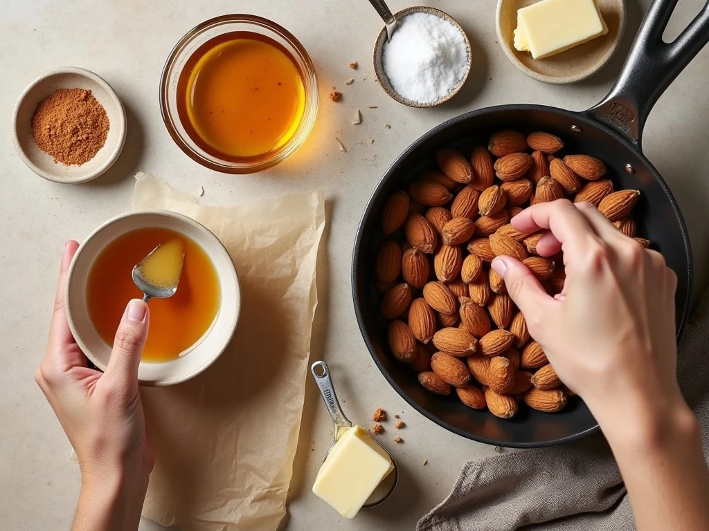 Ingredients for skillet roasted honey cinnamon almonds