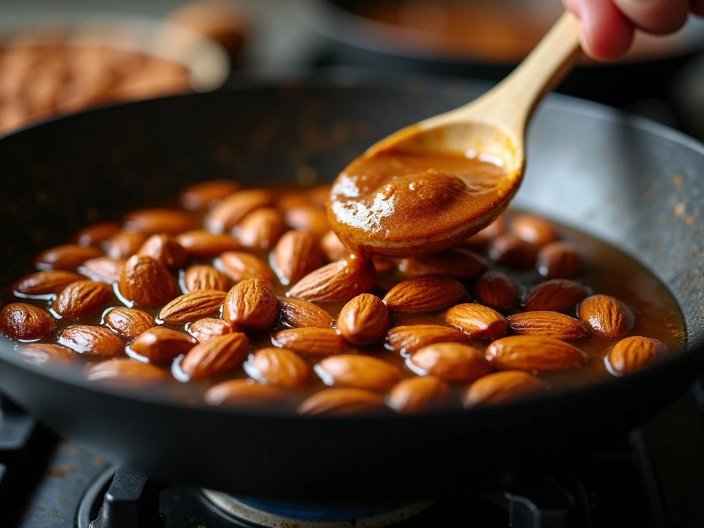 Almonds coated with honey and cinnamon in a skillet