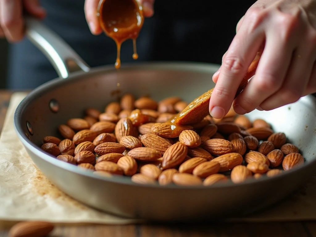 Honey-coated almonds spread on parchment to cool