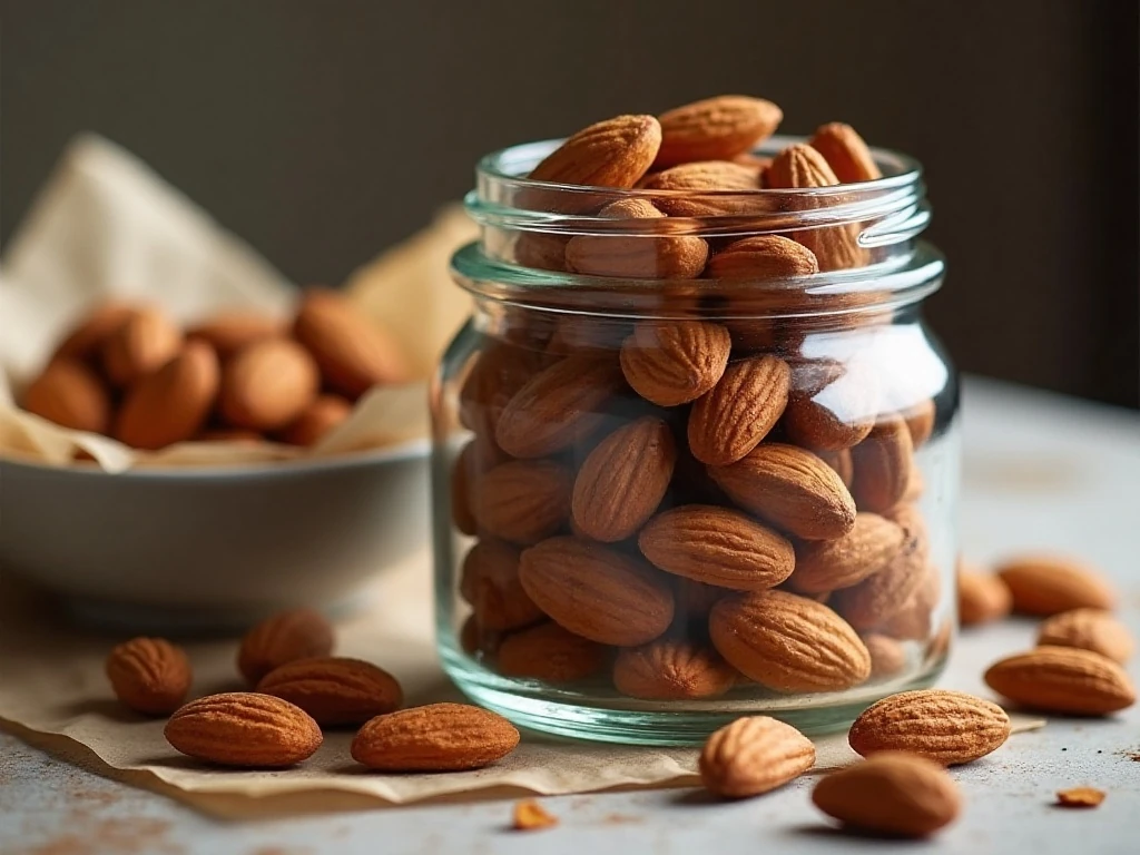Stored skillet roasted honey cinnamon almonds in a glass jar