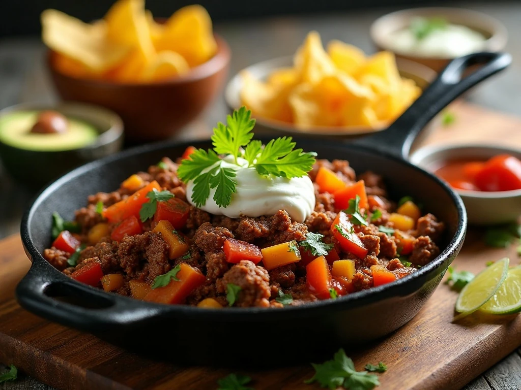 Skillet taco beef served with tortillas, chips, avocado, sour cream, and salsa
