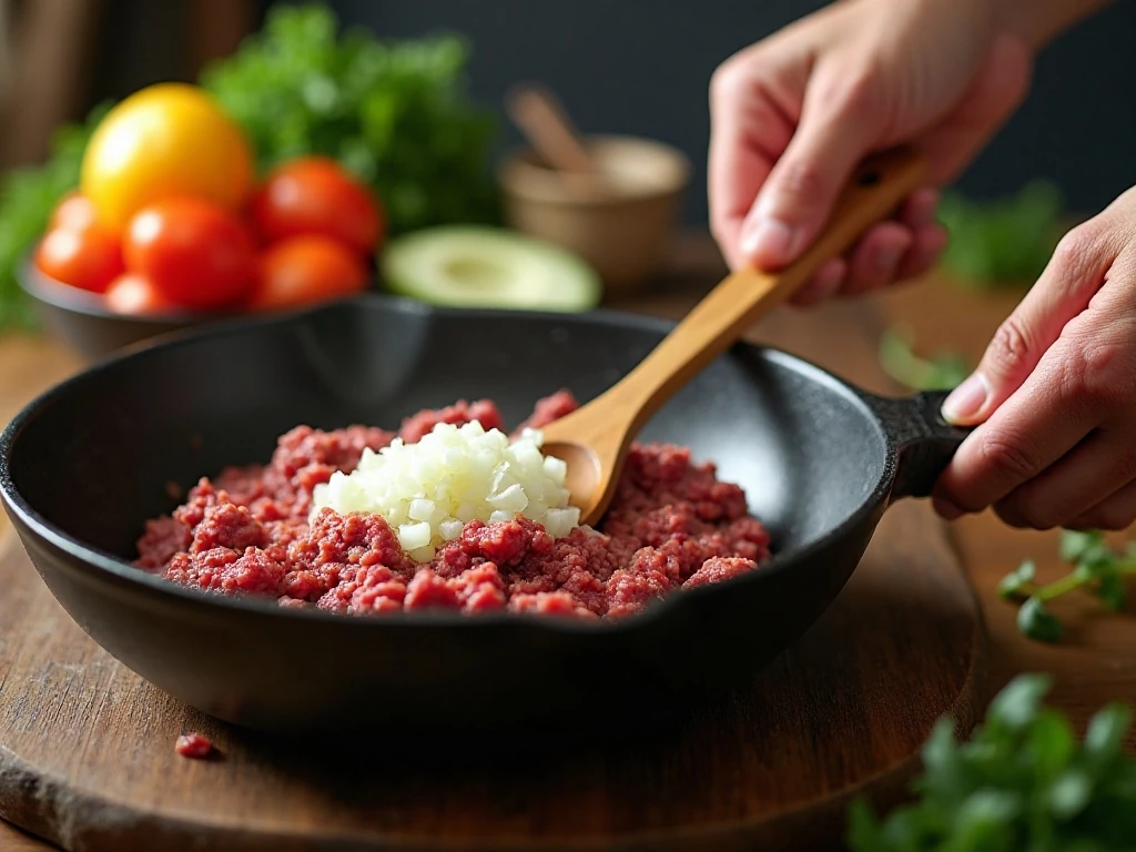 Ground beef and onion browning in a skillet for taco beef